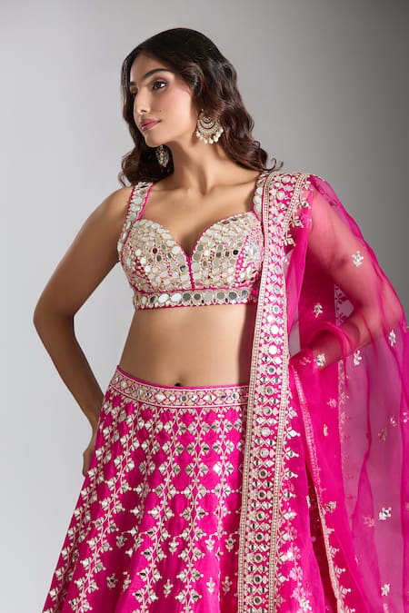Gopi Vaid Pink Tussar, Organza Mirrors, Embroidery Sweetheart Neck Bloom Lehenga Set at Aza Fashions Gopi Vaid_Pink Tussar, Organza Mirrors, Embroidery Sweetheart Neck Bloom Lehenga Set _at_Aza_Fashions