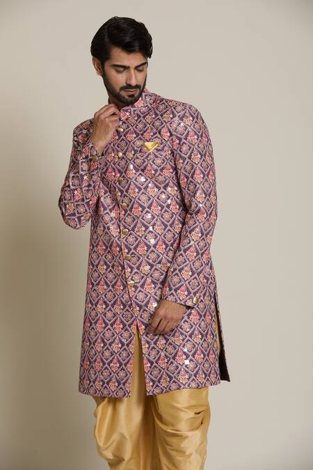 Arihant Rai Sinha Wine Cotton, Silk Sequins Floral Embroidered Sherwani Set Online at Aza Fashions Arihant Rai Sinha_Wine Cotton, Silk Sequins Floral Embroidered Sherwani Set _Online_at_Aza_Fashions