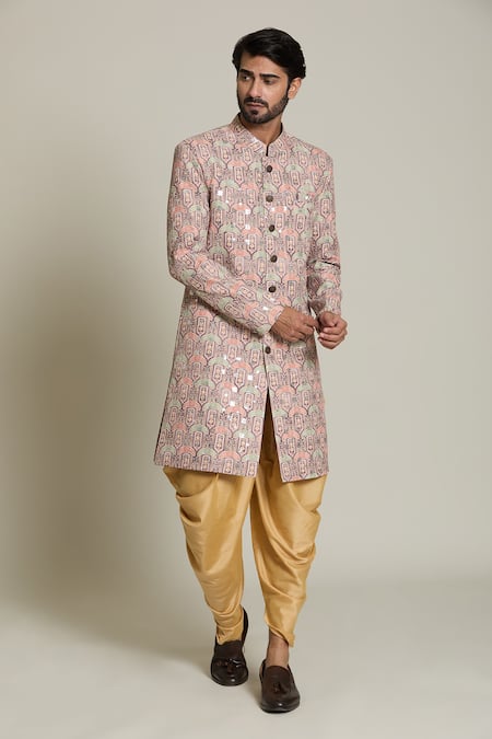 Buy_Arihant Rai Sinha_Brown Cotton, Silk, Pashmina Sequins, Embroidery Mughal Sherwani Set _Online_at_Aza_Fashions