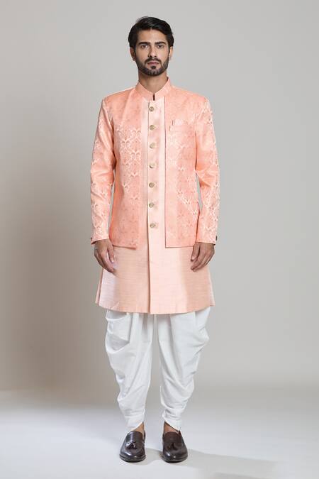 Arihant Rai Sinha Peach Silk, Jacquard, Pashmina Embroidery Floral Woven Sherwani Set Online at Aza Fashions Arihant Rai Sinha_Peach Silk, Jacquard, Pashmina Embroidery Floral Woven Sherwani Set _Online_at_Aza_Fashions