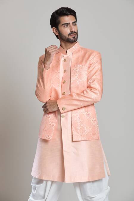 Buy Arihant Rai Sinha Peach Silk, Jacquard, Pashmina Embroidery Floral Woven Sherwani Set Online at Aza Fashions Buy_Arihant Rai Sinha_Peach Silk, Jacquard, Pashmina Embroidery Floral Woven Sherwani Set _Online_at_Aza_Fashions