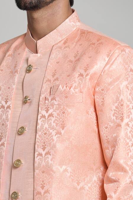 Shop Arihant Rai Sinha Peach Silk, Jacquard, Pashmina Embroidery Floral Woven Sherwani Set Online at Aza Fashions Shop_Arihant Rai Sinha_Peach Silk, Jacquard, Pashmina Embroidery Floral Woven Sherwani Set _Online_at_Aza_Fashions