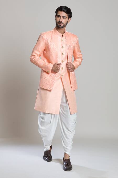 Arihant Rai Sinha Peach Silk, Jacquard, Pashmina Embroidery Floral Woven Sherwani Set at Aza Fashions Arihant Rai Sinha_Peach Silk, Jacquard, Pashmina Embroidery Floral Woven Sherwani Set _at_Aza_Fashions