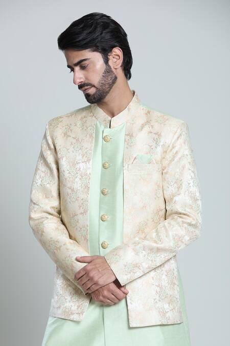 Arihant Rai Sinha_Gold Silk, Jacquard, Pashmina Embroidery Leaf Woven Sherwani Set _Online_at_Aza_Fashions