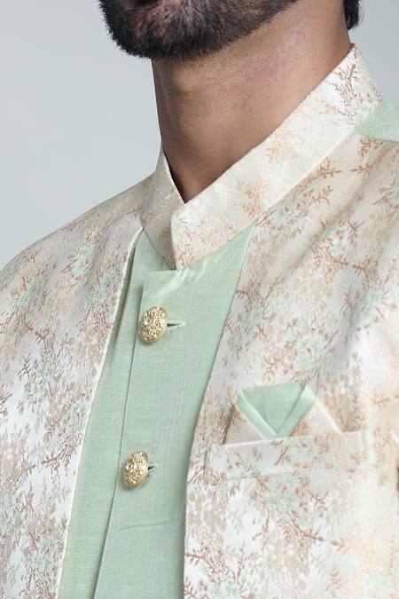 Buy_Arihant Rai Sinha_Gold Silk, Jacquard, Pashmina Embroidery Leaf Woven Sherwani Set _Online_at_Aza_Fashions