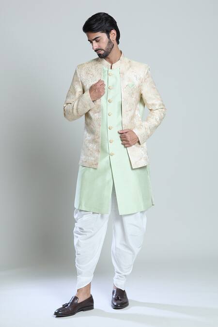 Arihant Rai Sinha_Gold Silk, Jacquard, Pashmina Embroidery Leaf Woven Sherwani Set _at_Aza_Fashions