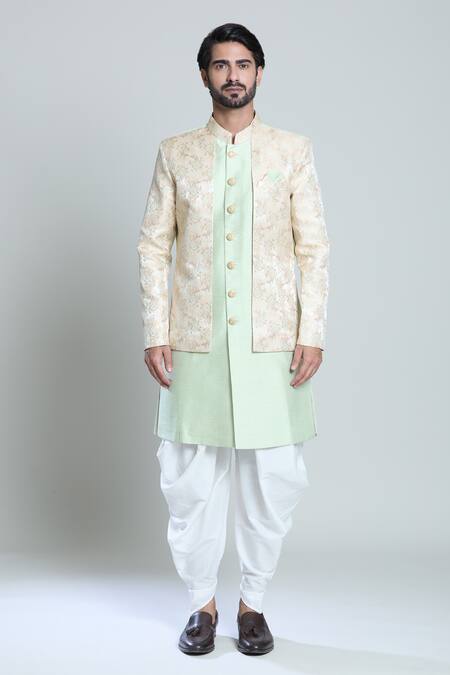 Buy_Arihant Rai Sinha_Gold Silk, Jacquard, Pashmina Embroidery Leaf Woven Sherwani Set 