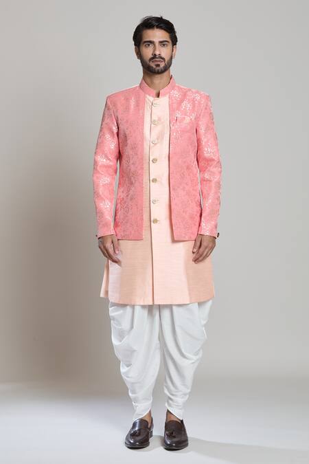 Arihant Rai Sinha_White Cotton, Jacquard, Silk Embroidery Peach Garden Woven Sherwani Set _Online_at_Aza_Fashions