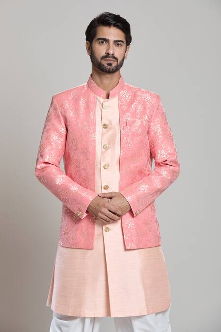 Buy_Arihant Rai Sinha_White Cotton, Jacquard, Silk Embroidery Peach Garden Woven Sherwani Set _Online_at_Aza_Fashions