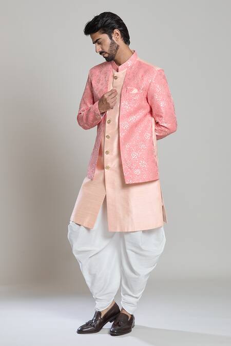 Shop_Arihant Rai Sinha_White Cotton, Jacquard, Silk Embroidery Peach Garden Woven Sherwani Set _Online_at_Aza_Fashions
