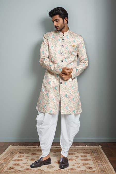 Aryavir Malhotra Peach Paisley Jacquard Sherwani Set 