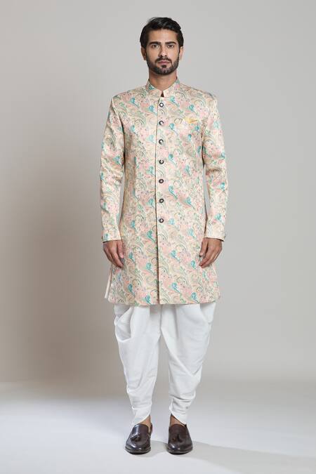 Arihant Rai Sinha_Peach Silk, Jacquard, Pashmina Embroidery Paisley Sherwani Set _Online_at_Aza_Fashions