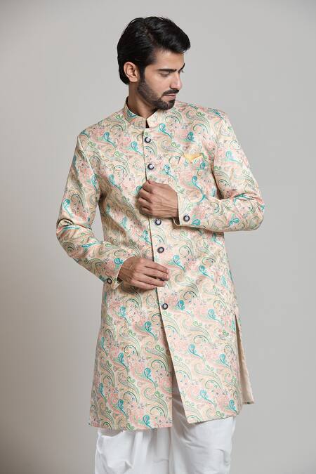 Buy_Arihant Rai Sinha_Peach Silk, Jacquard, Pashmina Embroidery Paisley Sherwani Set _Online_at_Aza_Fashions