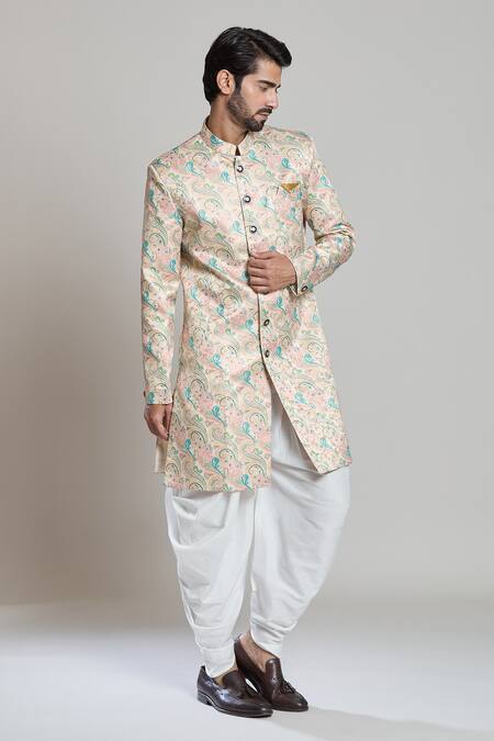 Shop_Arihant Rai Sinha_Peach Silk, Jacquard, Pashmina Embroidery Paisley Sherwani Set _Online_at_Aza_Fashions