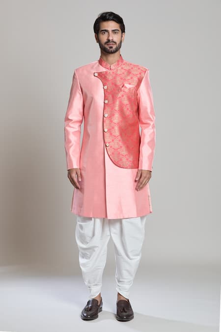 Arihant Rai Sinha Peach Silk, Jacquard, Pashmina Embroidery Geometric Woven Sherwani Set Online at Aza Fashions Arihant Rai Sinha_Peach Silk, Jacquard, Pashmina Embroidery Geometric Woven Sherwani Set _Online_at_Aza_Fashions
