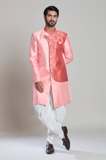 Shop Arihant Rai Sinha Peach Silk, Jacquard, Pashmina Embroidery Geometric Woven Sherwani Set Online at Aza Fashions Shop_Arihant Rai Sinha_Peach Silk, Jacquard, Pashmina Embroidery Geometric Woven Sherwani Set _Online_at_Aza_Fashions
