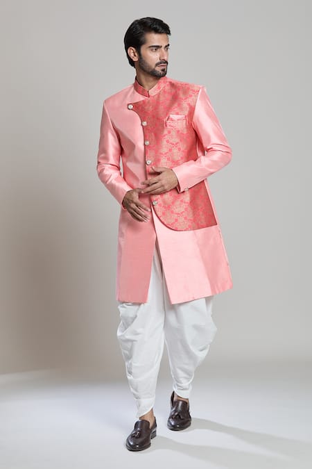 Arihant Rai Sinha Peach Silk, Jacquard, Pashmina Embroidery Geometric Woven Sherwani Set at Aza Fashions Arihant Rai Sinha_Peach Silk, Jacquard, Pashmina Embroidery Geometric Woven Sherwani Set _at_Aza_Fashions