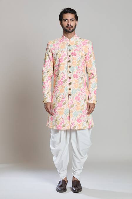 Arihant Rai Sinha_Cream Rayon Embroidery, Sequins Floral Threadwork Sherwani Set _Online_at_Aza_Fashions
