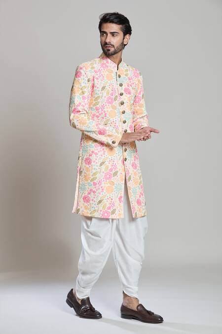 Buy_Arihant Rai Sinha_Cream Rayon Embroidery, Sequins Floral Threadwork Sherwani Set _Online_at_Aza_Fashions