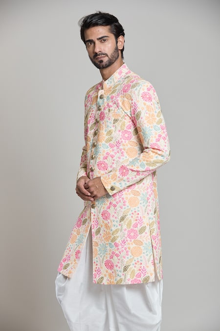 Shop_Arihant Rai Sinha_Cream Rayon Embroidery, Sequins Floral Threadwork Sherwani Set _Online_at_Aza_Fashions
