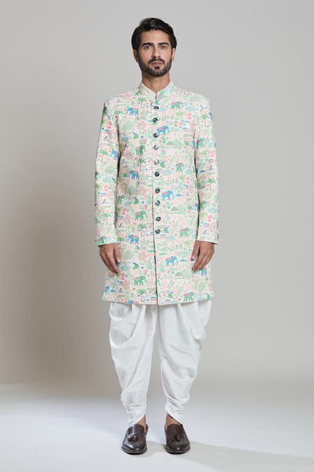 Arihant Rai Sinha_Blue Rayon, Silk Embroidery, Sequins Elephant Sherwani Set _Online_at_Aza_Fashions
