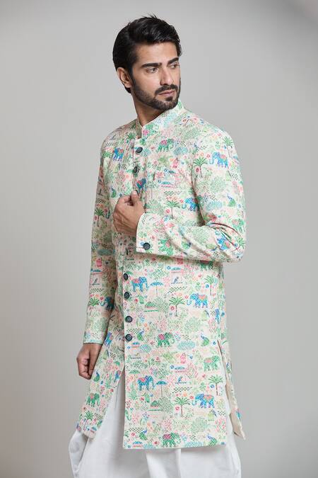 Buy_Arihant Rai Sinha_Blue Rayon, Silk Embroidery, Sequins Elephant Sherwani Set _Online_at_Aza_Fashions