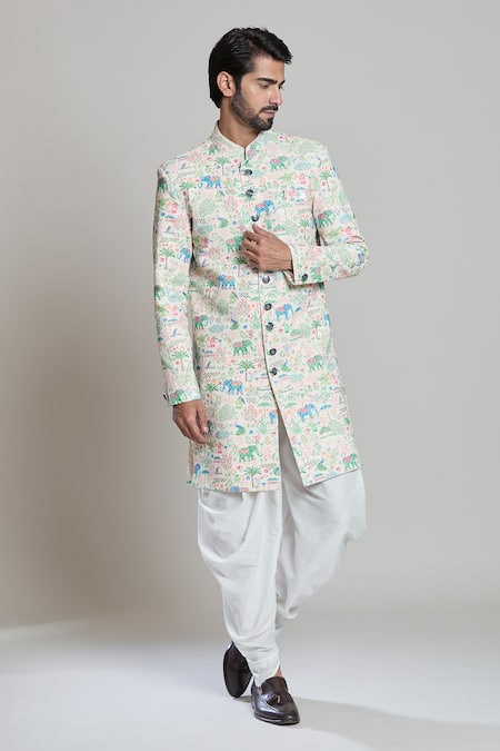 Shop_Arihant Rai Sinha_Blue Rayon, Silk Embroidery, Sequins Elephant Sherwani Set _Online_at_Aza_Fashions