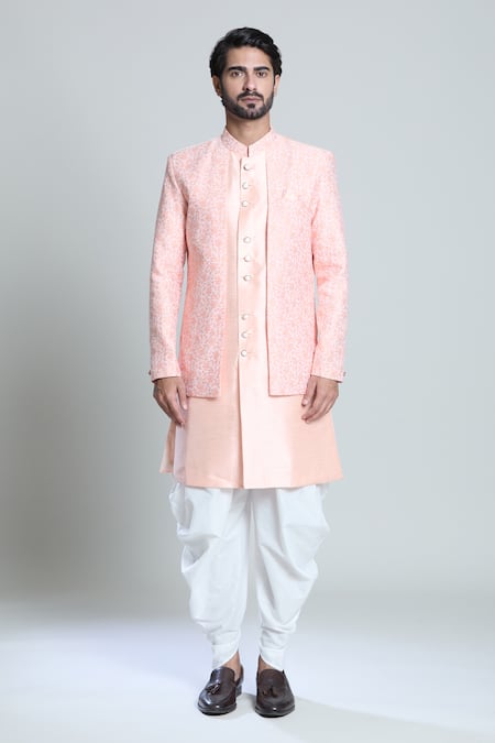 Arihant Rai Sinha White Pashmina, Silk, Jacquard Embroidery Peach Botanical Woven Sherwani Set Online at Aza Fashions Arihant Rai Sinha_White Pashmina, Silk, Jacquard Embroidery Peach Botanical Woven Sherwani Set _Online_at_Aza_Fashions