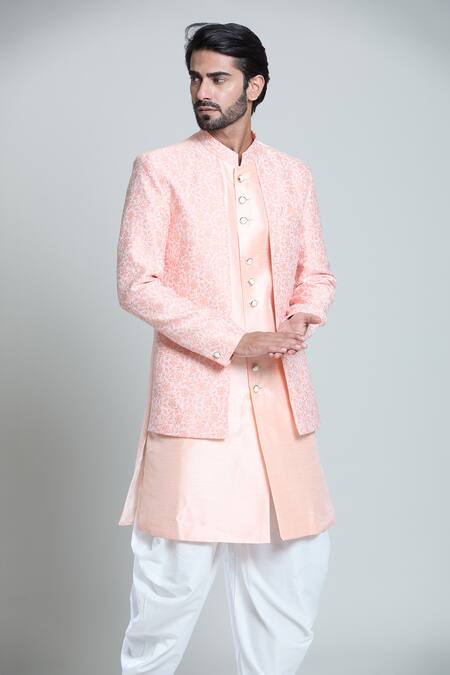 Buy Arihant Rai Sinha White Pashmina, Silk, Jacquard Embroidery Peach Botanical Woven Sherwani Set Online at Aza Fashions Buy_Arihant Rai Sinha_White Pashmina, Silk, Jacquard Embroidery Peach Botanical Woven Sherwani Set _Online_at_Aza_Fashions