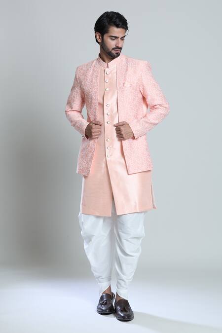 Shop Arihant Rai Sinha White Pashmina, Silk, Jacquard Embroidery Peach Botanical Woven Sherwani Set Online at Aza Fashions Shop_Arihant Rai Sinha_White Pashmina, Silk, Jacquard Embroidery Peach Botanical Woven Sherwani Set _Online_at_Aza_Fashions