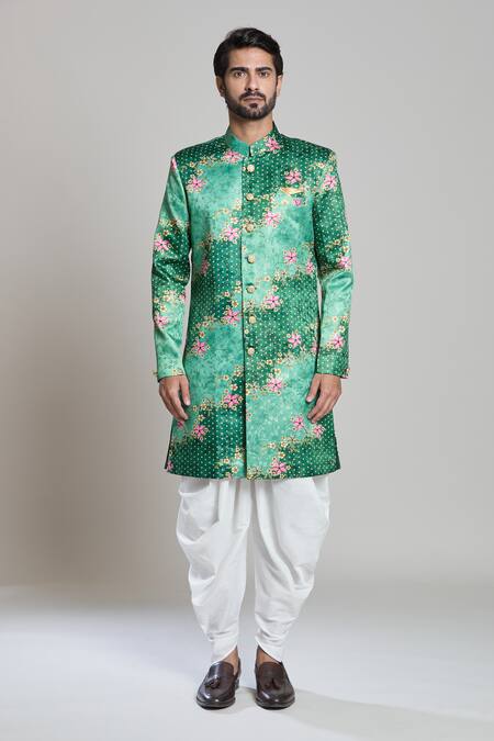 Arihant Rai Sinha_Green Jacquard, Silk Embroidery Floral Woven Sherwani Set_Online_at_Aza_Fashions