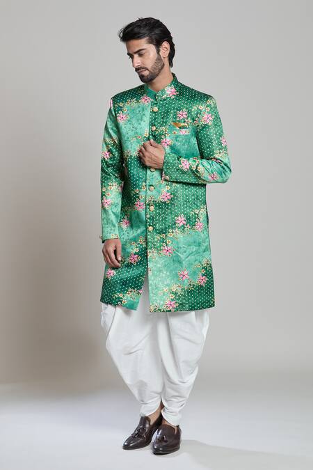 Shop_Arihant Rai Sinha_Green Jacquard, Silk Embroidery Floral Woven Sherwani Set_Online_at_Aza_Fashions