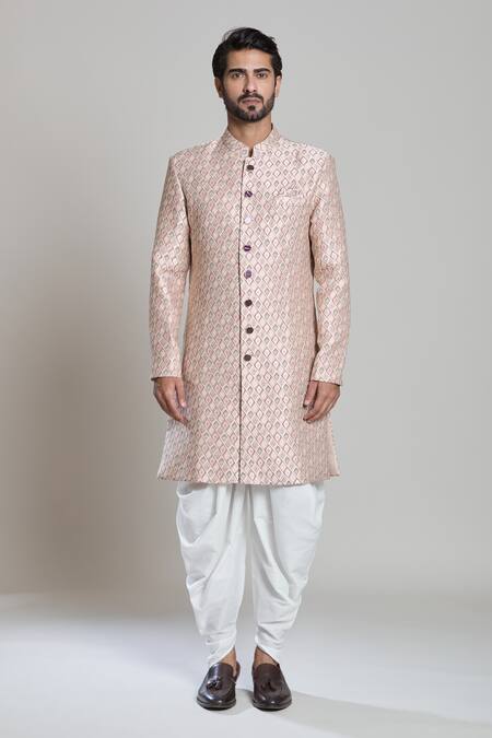 Arihant Rai Sinha_White Jacquard Embroidery Checkered Woven Sherwani Set _Online_at_Aza_Fashions