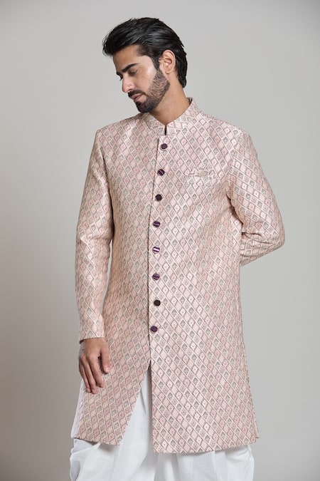 Shop_Arihant Rai Sinha_White Jacquard Embroidery Checkered Woven Sherwani Set _Online_at_Aza_Fashions