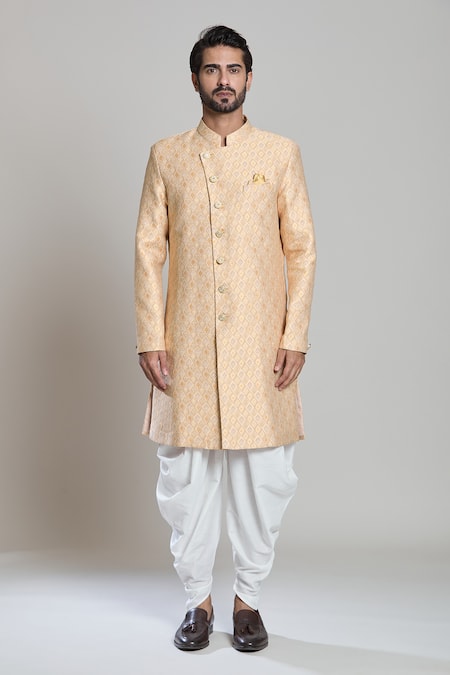 Arihant Rai Sinha_Yellow Jacquard, Acrylic Embroidery Flower Woven Sherwani Set _Online_at_Aza_Fashions