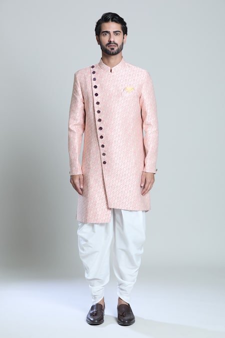 Arihant Rai Sinha_White Cotton, Jacquard Embroidery Floral Woven Sherwani Set _Online_at_Aza_Fashions