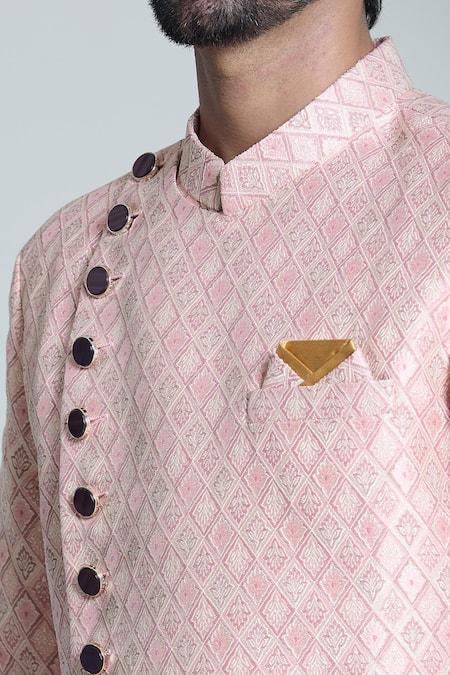 Buy_Arihant Rai Sinha_White Cotton, Jacquard Embroidery Floral Woven Sherwani Set _Online_at_Aza_Fashions