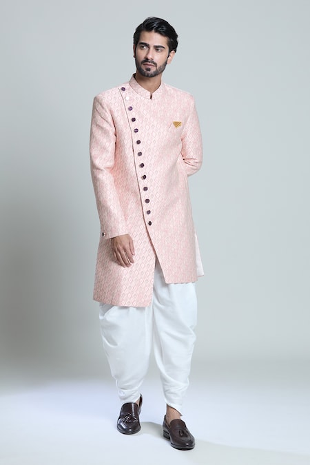 Shop_Arihant Rai Sinha_White Cotton, Jacquard Embroidery Floral Woven Sherwani Set _Online_at_Aza_Fashions