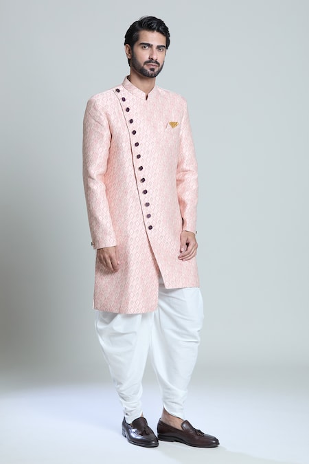 Arihant Rai Sinha_White Cotton, Jacquard Embroidery Floral Woven Sherwani Set _at_Aza_Fashions