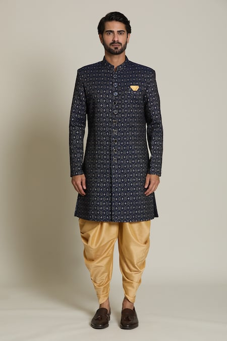Arihant Rai Sinha Blue Jacquard, Silk Embroidery Geometric Sherwani Set Online at Aza Fashions Arihant Rai Sinha_Blue Jacquard, Silk Embroidery Geometric Sherwani Set _Online_at_Aza_Fashions