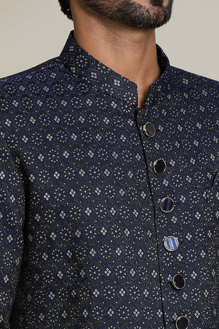 Shop Arihant Rai Sinha Blue Jacquard, Silk Embroidery Geometric Sherwani Set Online at Aza Fashions Shop_Arihant Rai Sinha_Blue Jacquard, Silk Embroidery Geometric Sherwani Set _Online_at_Aza_Fashions