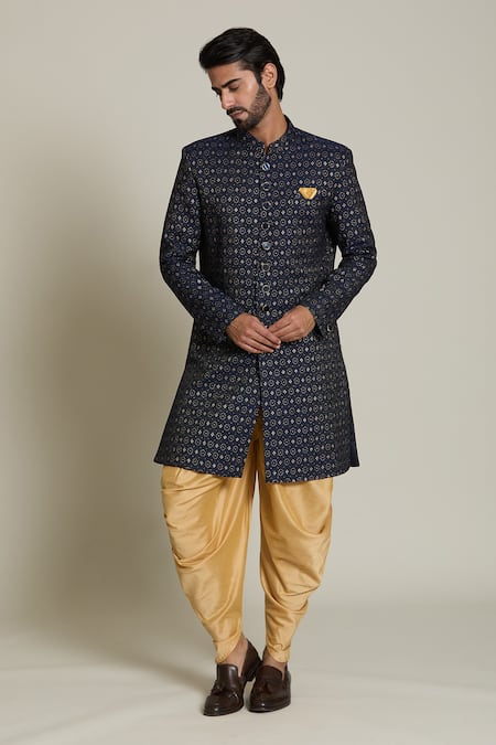 Arihant Rai Sinha Blue Jacquard, Silk Embroidery Geometric Sherwani Set at Aza Fashions Arihant Rai Sinha_Blue Jacquard, Silk Embroidery Geometric Sherwani Set _at_Aza_Fashions