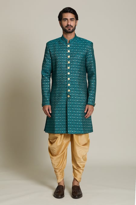 Arihant Rai Sinha Gold Silk, Jacquard Embroidery Hexagon Woven Sherwani Set Online at Aza Fashions Arihant Rai Sinha_Gold Silk, Jacquard Embroidery Hexagon Woven Sherwani Set _Online_at_Aza_Fashions