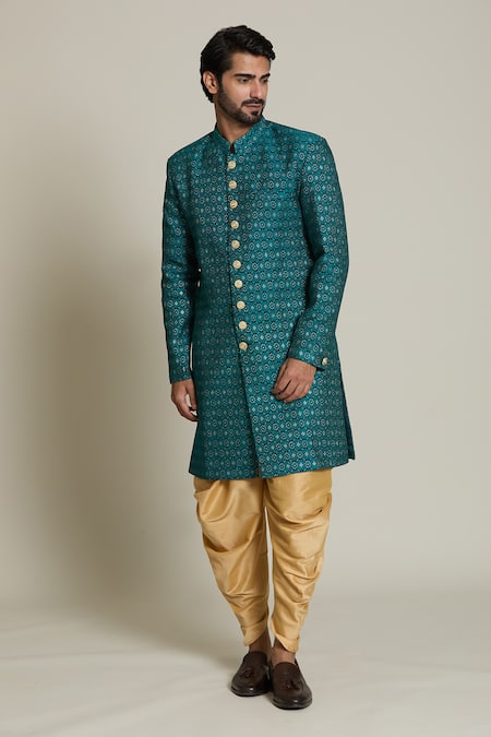 Shop Arihant Rai Sinha Gold Silk, Jacquard Embroidery Hexagon Woven Sherwani Set Online at Aza Fashions Shop_Arihant Rai Sinha_Gold Silk, Jacquard Embroidery Hexagon Woven Sherwani Set _Online_at_Aza_Fashions