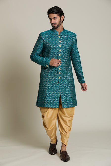 Arihant Rai Sinha Gold Silk, Jacquard Embroidery Hexagon Woven Sherwani Set at Aza Fashions Arihant Rai Sinha_Gold Silk, Jacquard Embroidery Hexagon Woven Sherwani Set _at_Aza_Fashions