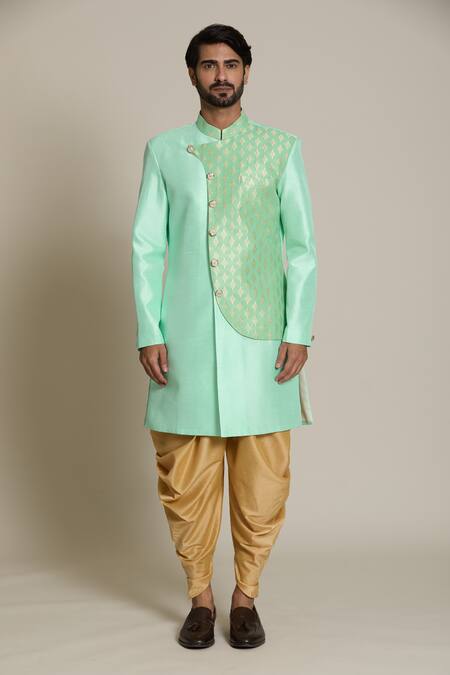 Arihant Rai Sinha Green Silk, Jacquard, Pashmina Embroidery Geometric Woven Sherwani Set Online at Aza Fashions Arihant Rai Sinha_Green Silk, Jacquard, Pashmina Embroidery Geometric Woven Sherwani Set _Online_at_Aza_Fashions