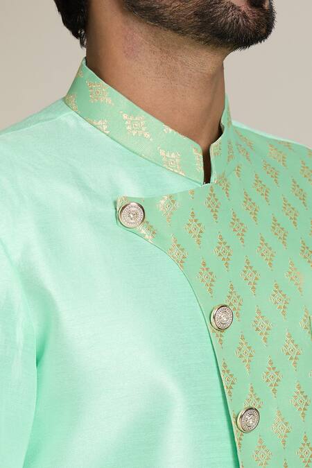 Shop Arihant Rai Sinha Green Silk, Jacquard, Pashmina Embroidery Geometric Woven Sherwani Set Online at Aza Fashions Shop_Arihant Rai Sinha_Green Silk, Jacquard, Pashmina Embroidery Geometric Woven Sherwani Set _Online_at_Aza_Fashions