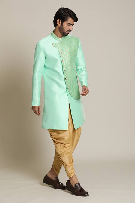 Arihant Rai Sinha Green Silk, Jacquard, Pashmina Embroidery Geometric Woven Sherwani Set at Aza Fashions Arihant Rai Sinha_Green Silk, Jacquard, Pashmina Embroidery Geometric Woven Sherwani Set _at_Aza_Fashions