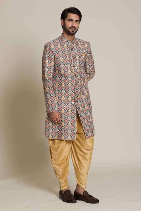 Shop Arihant Rai Sinha Gold Acrylic, Cotton, Silk Embroidery, Sequins Floral Sherwani Set Online at Aza Fashions Shop_Arihant Rai Sinha_Gold Acrylic, Cotton, Silk Embroidery, Sequins Floral Sherwani Set _Online_at_Aza_Fashions