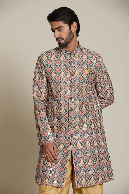 Arihant Rai Sinha Gold Acrylic, Cotton, Silk Embroidery, Sequins Floral Sherwani Set at Aza Fashions Arihant Rai Sinha_Gold Acrylic, Cotton, Silk Embroidery, Sequins Floral Sherwani Set _at_Aza_Fashions